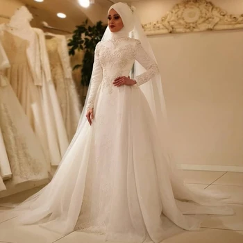 2022 Bela/Slonokoščena Ženske A-Linijo Poročnih Oblek Muslimanskih Arabski Čipke Appliques Poročne Halje Elegantne Dolge Rokave Vestidos De Novia