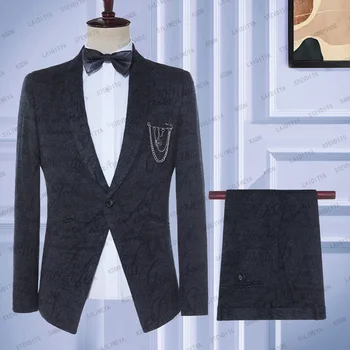 2023 Novo Poroko Tuxedos Obleke Temno Sivo Žametno Vzorec Slim Primerna Za Moške, 2 Kos Set Groomsmen Moški Formalnih Poslovnih（Jakna+Hlače）