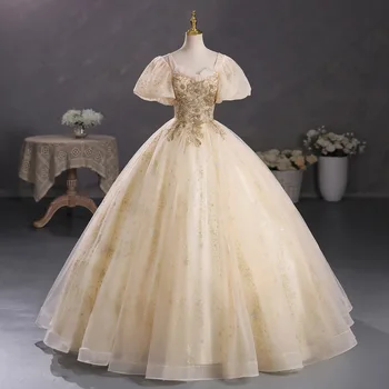 2023 Novo Šampanjec Vestido De Debutante Ljubica Vratu Princesa Puff Rokavi Haljo De Bal Elegantno Tla-dolžina Žogo Halje