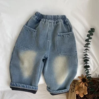 2023 Pozimi Otroci Hlače letnik zgostitev toplo nepakirana jeans Fantje in dekleta zgostitev runo oblog traper hlače