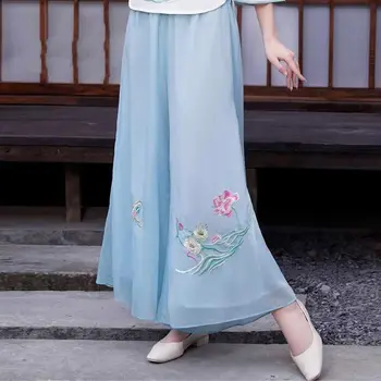 2024 poletje kitajski slog dvojno plast šifon vezene širok noge hlače visoko pasu slim šifon hanfu obleko hlače za ženske