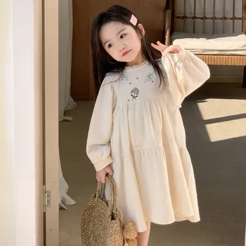2024 Pomlad Jesen Korejski Otroci, Dekleta, Obleko Bombaž Dolg Rokav Ruched Vezenje Malčke Dekliška Obleka Za Otroke, Dekleta Oblačenja