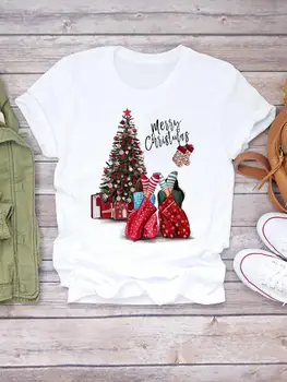 Akvarel Lep Slog Trend Tiskani Lady Modnih Oblačil, Božič Ženske Kratek Rokav T-Majice Novo Leto Grafični T Vrh Tee