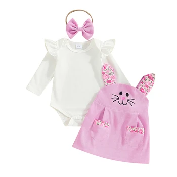 Baby Dekleta Velikonočni Obleko z Dolgimi Rokavi Romper Cvjetnim Tiskanja Zajček, Vezenih Velvet Suspender Obleko Glavo 3pcs
