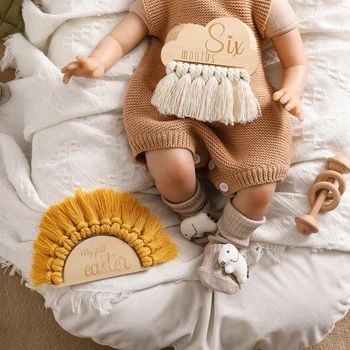Baby Primite Bombaž Tassel Mejnik, Saj Je Število Mesečnih Spominske Kartice Novorojenih Otrok Lesene Fotografija Pribor Birthing BabyGift