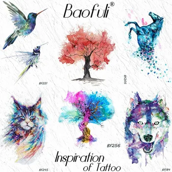 Baofuli Akvarel Drevesa Modela Flash Začasne Tetovaže Kit Mačka Volk Nepremočljiva Tattoo Nalepke Ženske Body Art Ponaredek Tattoo Za Otroke
