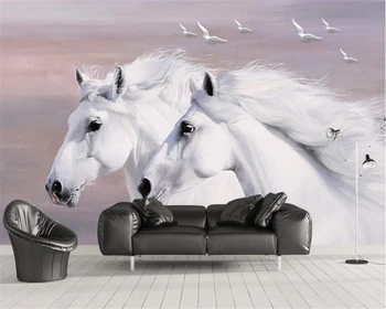 Beibehang Evropskem slogu, ročno poslikano par belih konj, ki plujejo pod ptice TV sliko za ozadje soba študija freske 3d ozadje