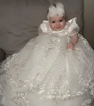 Beli Saten Krst Oblek za Otroka Čipke Stopenjski Prvo Obhajilo Obleke z Lokom Luksuzni Dojenčka, Malčka Dekleta Krst Obleke