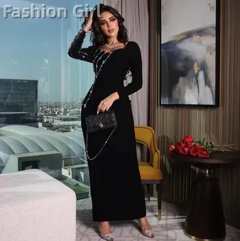 Black Crystal Sequins Beaded Strani Split Večerno obleko morska deklica Krog Vratu Dolg Rokav Dubaj Arabski Porm Obleko vestidos de noche