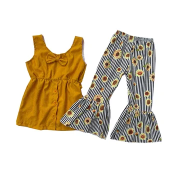 Boutique malčka dekle kompleti oblačil brez rokavov lok-vozel barva vrh sončnično proge tiskanja bell dnu obleke