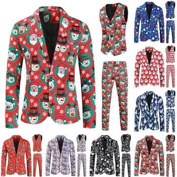 Božič Digitalni Tisk Tri-kos Moške Božič Obleko (Suknjič + Hlače+Telovnik) Eleganten Moški Jopič Plašč z Hlače Oblačila