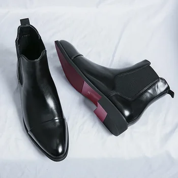 Chelsea Škornji za Moške Rdeče Edini Pu Gleženj Poslovni Krog Toe Slip-On Mens Škornji Velikosti 38-46 Moški Čevlji