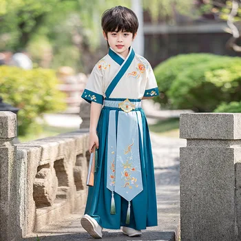 Fantje' Hanfu Otrok Kratek Rokav Uspešnosti Oblačila Poletje Križ Ovratnik Tang Bo Ustrezala Kitajski Tradicionalni Antični Cosplay Kostum