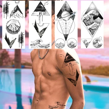Geometrijske Začasne Tetovaže Za Otroke, Moške Gorsko Drevo Reke Triangle Black Tattoo Nalepke, Planet, Luna Telo Roko Ponaredek Tatoos