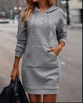 Jeseni Elegantne Ženske Pocket Design Hooded Teksturirane Obleko Modne Femme Priložnostne Dolg Rokav Obleke Korejskem Slogu Ulične