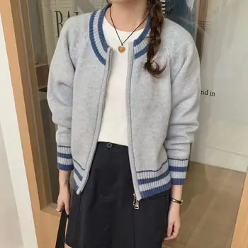 Korejski moda kontrast barve z zadrgo pleteno jopico za ženske novo leto je leni slog kratek pulover jacke