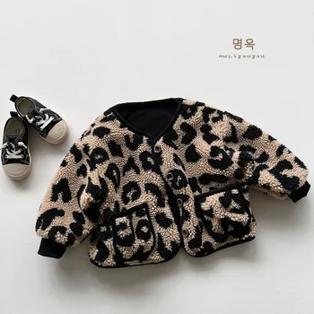 Korejski Pozimi Otrok, Fant Volnene Plašč Bombaž Toplo Runo Debele Baby Boy Outwear Plašč Letnik Leopard Natisnjeni Malčka Fant Jakna
