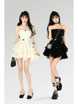 Korejski Y2k Črna Mini Obleka za Ženske 2023 Nove Priložnostne Poletje Til Bralette brez Rokavov Lolita Rojstni dan Torta Puff Ženska Oblačila