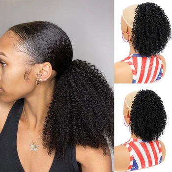 Kratek Kinky Kodraste Čop Las Razširitve Puhasto Afro Kodraste Vrvico Čop Hairpiece Naravnih Sintetični Ponaredek Rep za Ženske