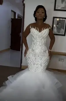 Lepota Težka Kroglice Sequins Morska Deklica Afriške Poročno Obleko Zamah Vlak Plus Velikost Vestidos De Casamento Poročne Obleke