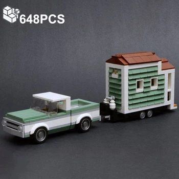 MOC 648PCS 1970 C10 Pick-up Tovornjak S Hišo Prikolica za Gradnjo Blokov, Avto, Vozila, Model Opeke Uganke, Igrače, Darila Za Otroke, Fantje
