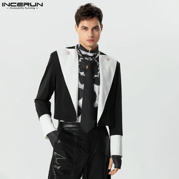 Moda za Moške Kovinski Gumb Design Obleko Coats Priložnostne Vroče Prodaje Odrezana Kontrast Barve Dolgo Oplaščeni Jopič S-5XL INCERUN Vrhovi 2023