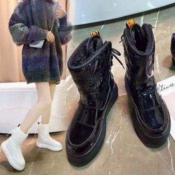 Modna debel-soled sneg škornji ženske srednje usnje toplotne škornji ženske zimske bombaž čevlji ženske priložnostne čevlji