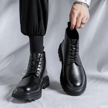 moške priložnostne poslovnih poroko formalno obleko pravega usnja čevlji črni plima platforma čevlji čipke-up kavboj boot gleženj botas moški