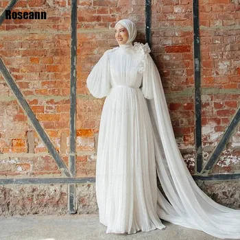 Muslimanski 2024 Novega Modela, Visok Ovratnik, A-linijo Poročnih Oblek Cvetje Aplicirano Draped Pleat Nevesta Obleke Dolžina Tal haljo de mariée