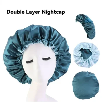 Nastavljiv Nightcap Dvojno Plast Saten Bonnet Kodraste Lase Elastično Skp Lase Skrbi Ženske Pokrivala Noč Klobuk Modni Styling Opremo