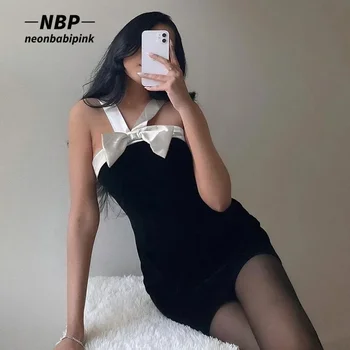 NEONBABIPINK francoski Modni Lok Povodcem Mini Obleke za Ženske Žametno Črno Bodycon Obleko Lepe Sexy Klub Obleke N85-CG21