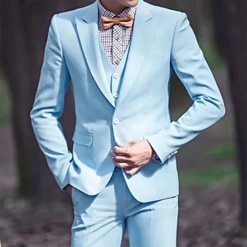 Nova Moda Modro Nebo Moške Poročne Obleke En Gumb Klasičnih Poslovnih Moške Obleke 3 Kosov (Suknjič+Hlače+Telovnik) Trajes De Hombre