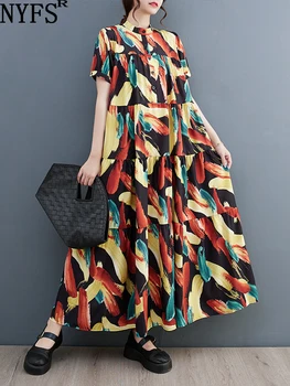 NYFS 2023 Poletje Novo Koreja Ženska Obleka Vestidos Haljo Elbise Svoboden Plus Velikost Moda Tisk Kratek Rokav, Dolge Obleke