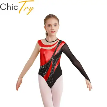 Otroci, Dekleta, Sijoče Balet Gimnastiko Leotard Očesa Dolg Rokav Ključavnična Luknja Nazaj Kovinski Ples Obleka, Slika Drsanje Jumpsuit