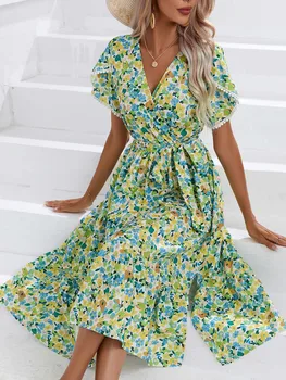 Pomlad Poletje Seksi V Vratu Midi Obleka Ženska Moda Elegantno Cvet Cvjetnim Tiskanja Kratek Rokav Čipke Obleke Za Ženske 2023