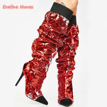 Rdeča Sequined Seksi Kolena Visoki Škornji Ženske Zimske Stiletto Konicami Prstov Moda Plus Velikost Mešane Barve Pole Dancing Čevlji