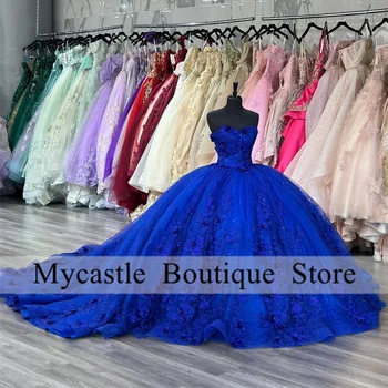 Royal Modra Čipke Žogo Quinceanera Obleke Obleko 2023 Noge 3D Cvetje Sweet 16 Obleko Rojstni dan Obleko Čipke Vestidos De 15 Años