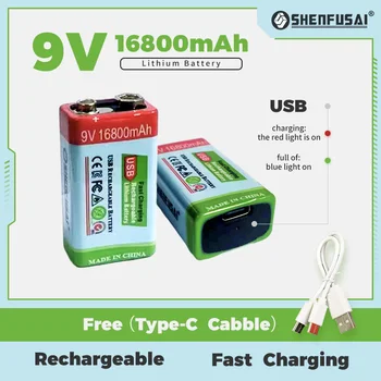SHENFUSAI USB litij-ionska baterija, 9V, 16800MAH, polnilna litij-ionska baterija, 6-letno življenjsko dobo, primeren za mikrofoni