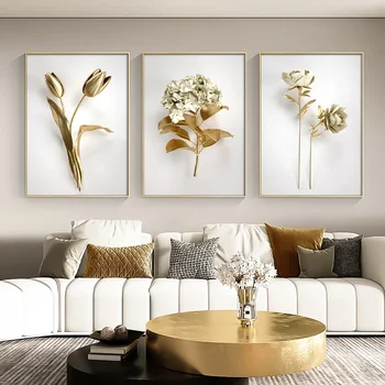 Skandinavske Klasična Moda Wall Art Zlato Bela Botanični Listi 3D HD Platno Poster Tiskanje Doma Spalnica, Dnevna Soba Dekoracijo