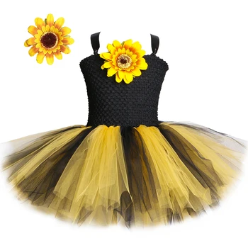 Sončnično Cvet Dekleta Tutu Obleko Črna Rumena Til Baby Dekleta Rojstni dan Obleko Otrok Halloween Kostumi za Otroke Dekleta
