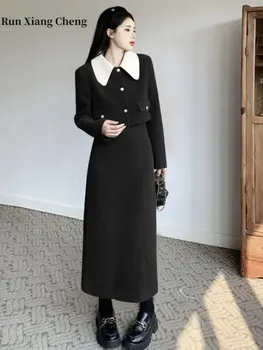Spomladi leta 2023 korejski Moda Black Velvet Obleko, dvodelno, Nastavite Dolge Rokave Kontrast Lutka Vratu, Kratka Dlaka Polovico Dolžine Midi Obleko