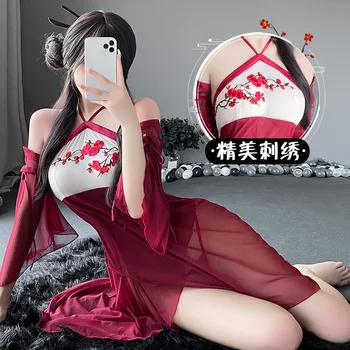Starodavne Kitajske Kostum Hanfu Ženske, Erotično Spodnje Perilo, Seksi Vidika Visi Vratu Slive Cvet Vezenje Obleko Z Dolgimi Rokavi Obleka