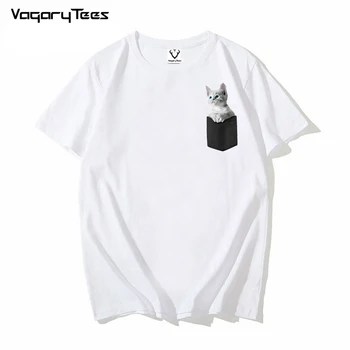 VagaryTees Tiskanja Grafika Kitty v žep Poletje Luštna Mačka 90. letih Modna Oblačila Tees Vrhovi T Shirt mens T-Shirt