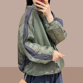 Vintage Print Poletje Long Sleeve Hooded Jakna Ženske Majica Za Zaščito Pred Soncem Tanke Vrhovi Korejski Moda Plašč Priložnostne Svoboden Jakna