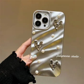 Voda valovanje tri-dimenzionalni pearl ljubezen Primeru Telefon Za iPhone 15 14 13 12 11 Pro Max Mehki Silikonski Shockproof Kritje Coque