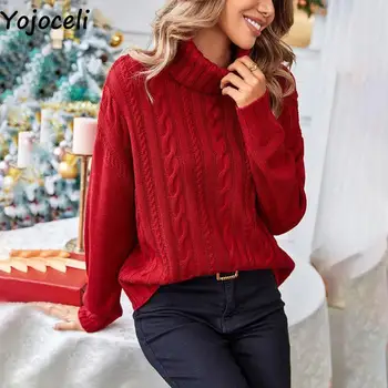 Yojoceli Jeseni ženske pletene vozel turtleneck pulover Božič rdeča jopica skakalec Pozimi toplo osnovne pletenje puloverju