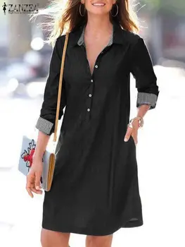 ZANZEA Žensk Mini Obleke Počitnice 2023 Nove Dolg Rokav Shirt Obleko Modno Črtasto Mozaik Vestido Priložnostne Jeseni OL River Robe