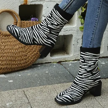 Čevlji za Ženske 2023 Vroče Prodaje Rokavi Ženske Čevlje Jesen Zebra Print Kvadratni Toe Kratek Sod Močen Petah Velikosti Čevlji