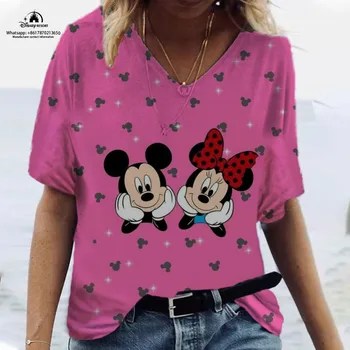 Ženske T-shirt elegantno sladko cvjetnim temo Disney Mickey Mouse tiskanja poševno Proti-vrat osnovne vrh kratek sleeved majica s kratkimi rokavi poletje nova
